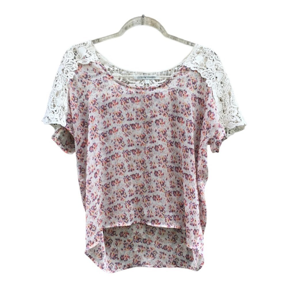 Collective Concepts Sheer Pastel Floral Scoop Neck Short Sleeve Blouse XS - Picture 2 of 5